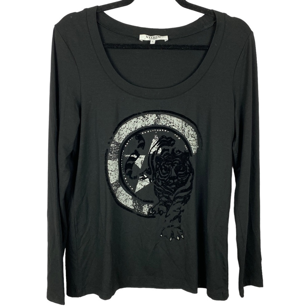 ✨3/$21✨ Vitrin Design Tiger Graphic Rhinestone Long Sleeve Top Black Size Large